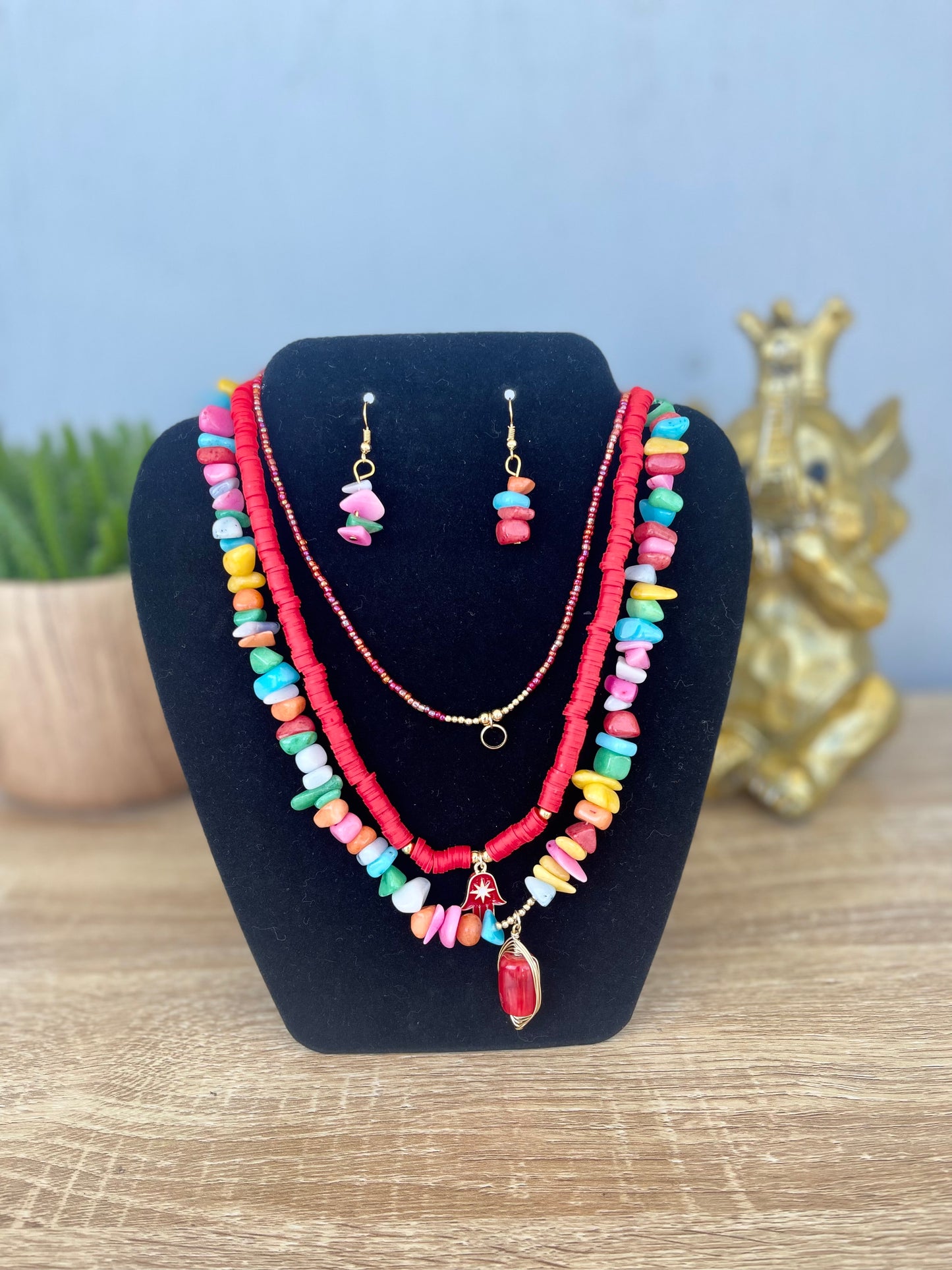 Rainbow Red Gemstone Hand Made Necklace and Earring Set