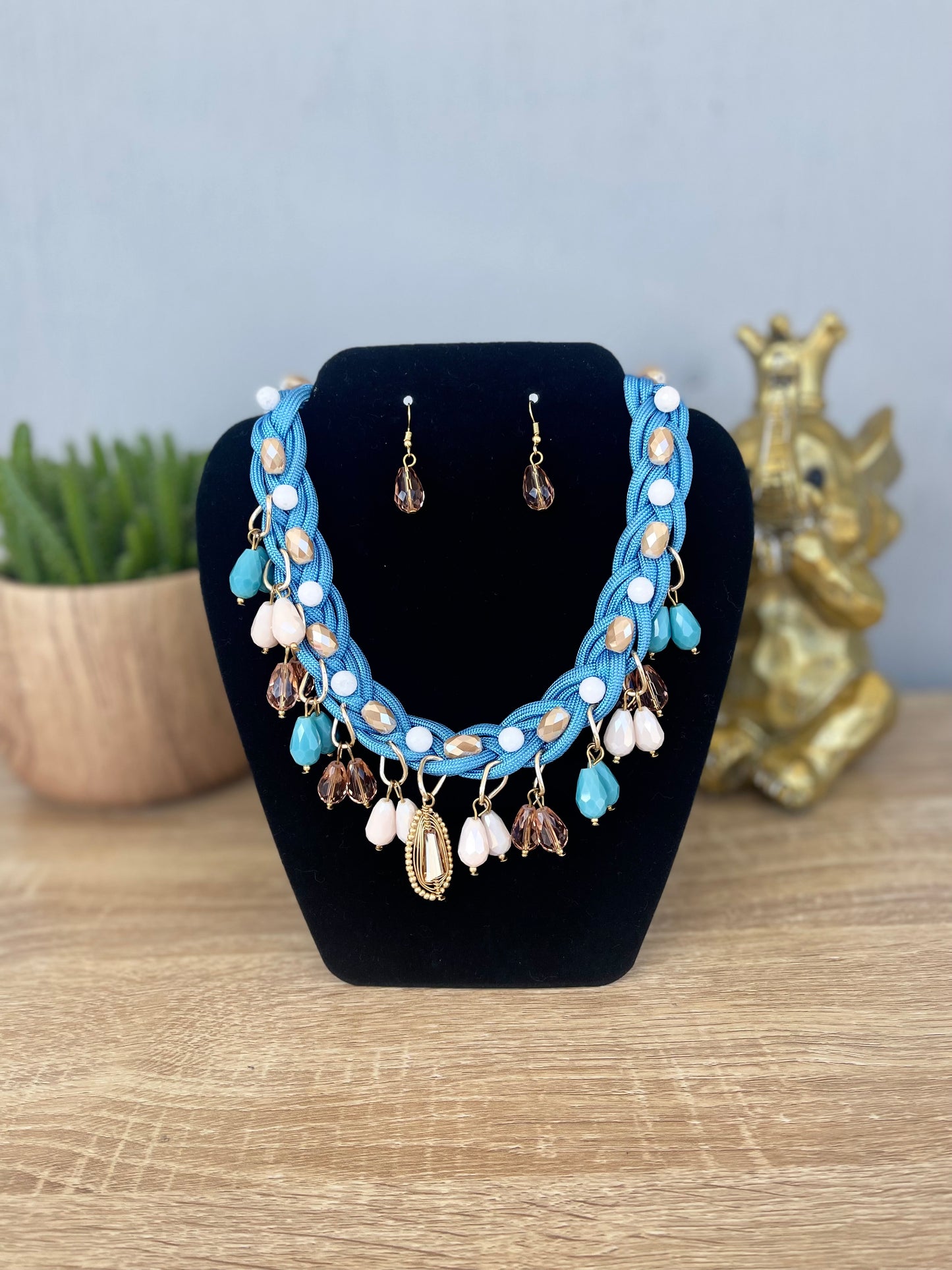 Blue Hand Made Necklace and Brown Earring Set