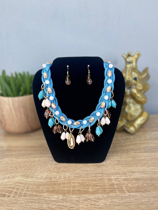 Blue Hand Made Necklace and Brown Earring Set