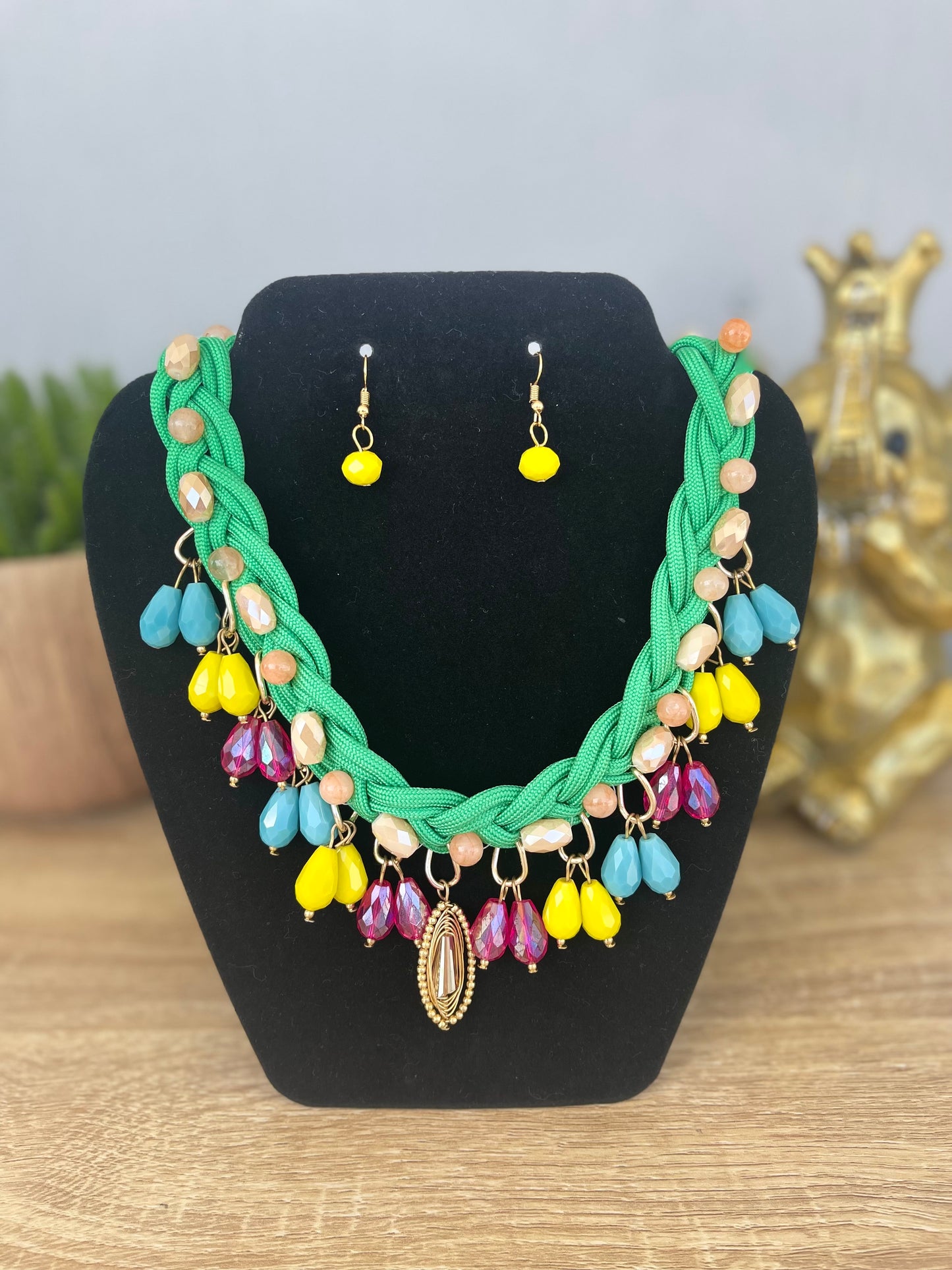 Green Hand Made Necklace and Yellow Earring Set