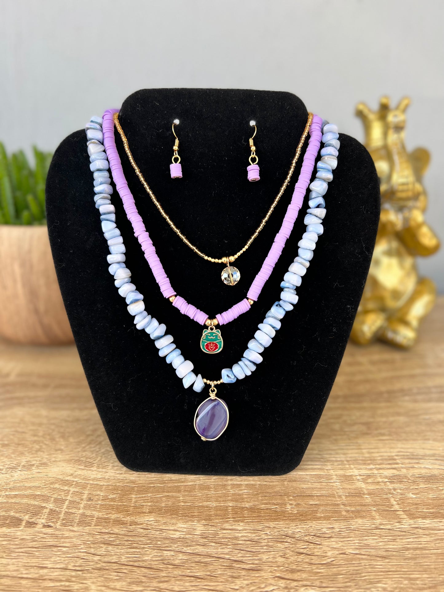 Purple Gemstone Hand Made Necklace and Earring Set